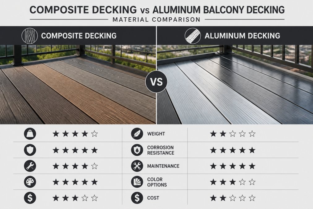 Close-up of composite and aluminum decking samples side-by-side on a balcony, showing texture and color differences in natural daylight with visible wood grain patterns and metallic finishes