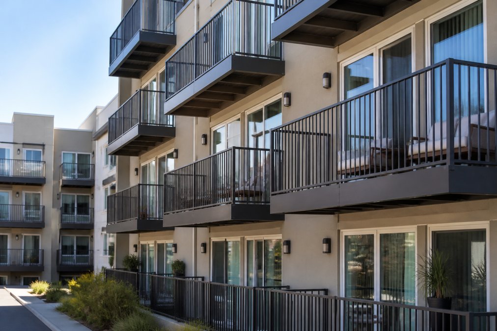 Multi-story residential building balconies with fire-resistant composite or aluminum decking installed, showing installed materials in a real property setting with multiple units visible