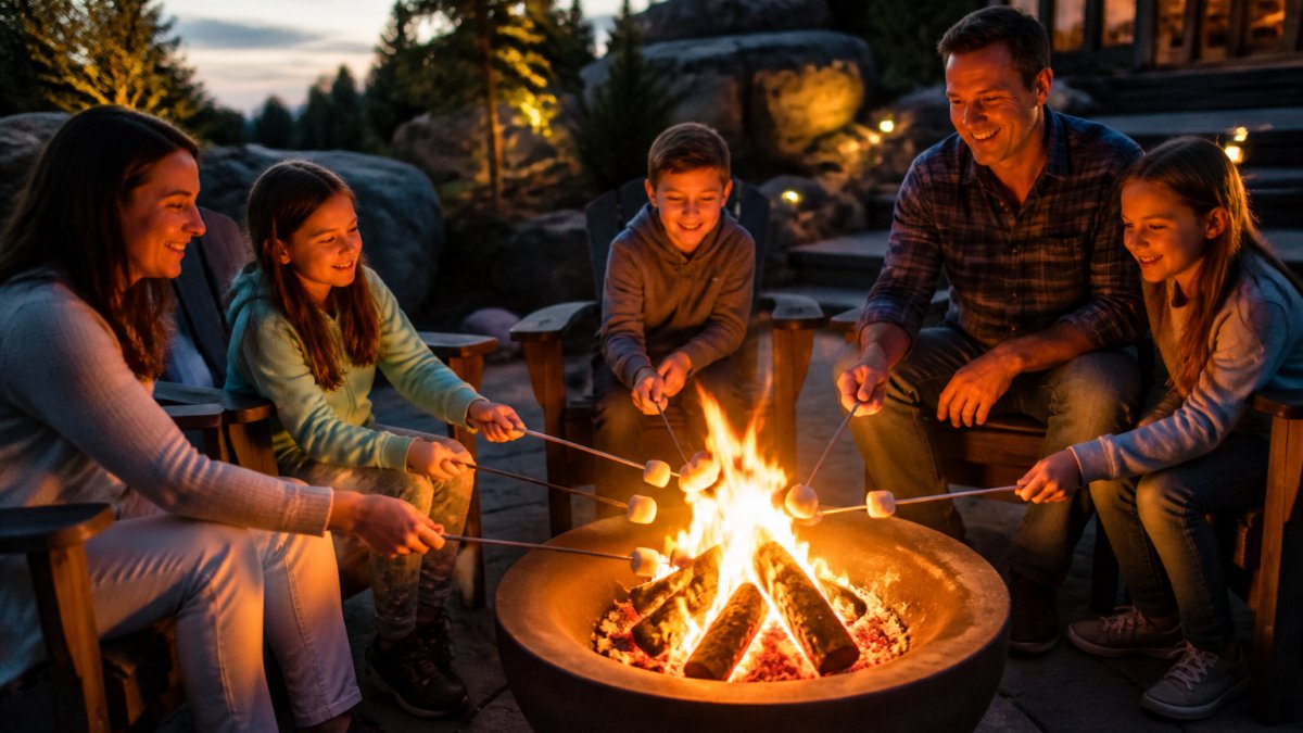 Family gathered around a wood-burning fire pit at dusk, roasting marshmallows with visible flames and glowing embers, warm evening lighting casting shadows across faces