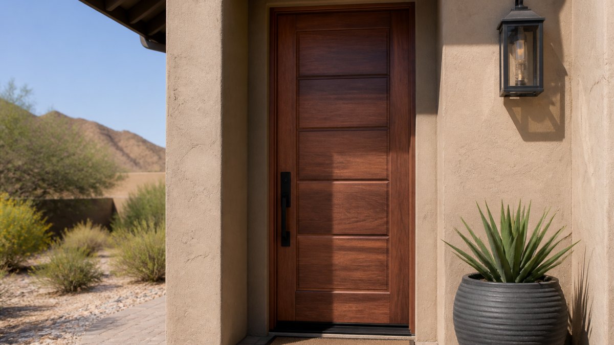 Modern fiberglass entry door installed in residential home exterior showing rich wood-grain texture and color depth in bright afternoon sunlight