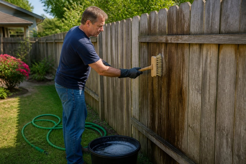 A homeowner using a stiff brush and bucket of soapy water to scrub a weathered wooden fence on a sunny spring day, with a garden hose nearby