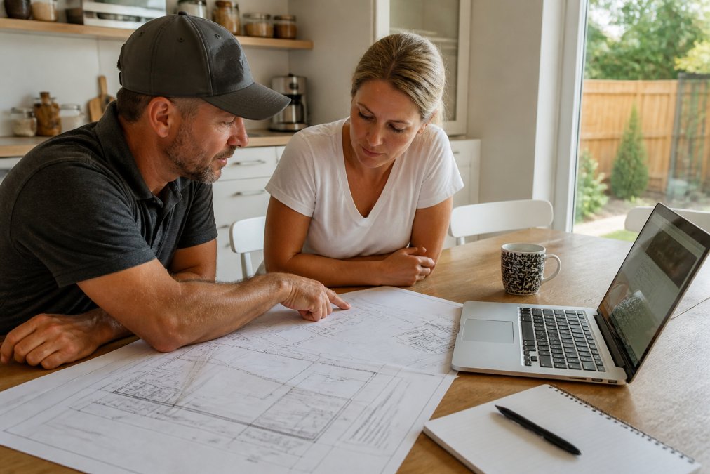 Homeowner reviewing a site plan with a contractor at a kitchen table, blueprints and a laptop showing a permit portal open, natural light