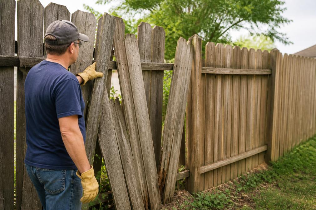 Homeowner in work gloves examining a leaning fence section with visible cracked boards and loose pickets in natural daylight