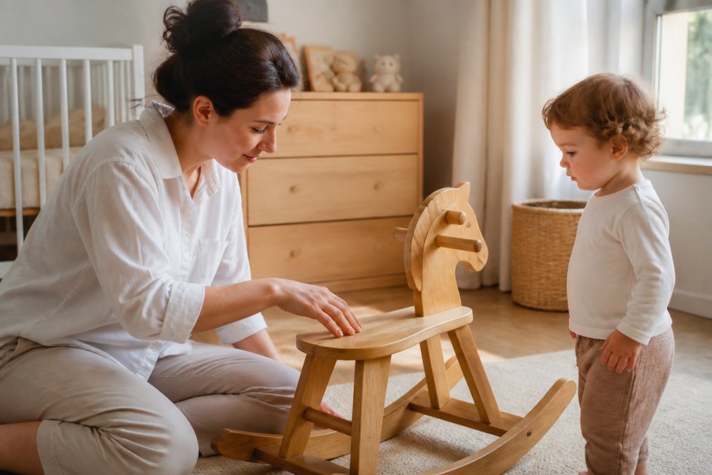 Parent checking the smooth sanded edge of a handcrafted wood rocking horse in a sunlit nursery