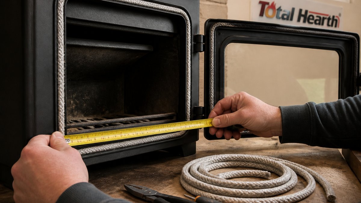 Hands using a measuring tape to determine the length of a replacement gasket in a wood stove door channel