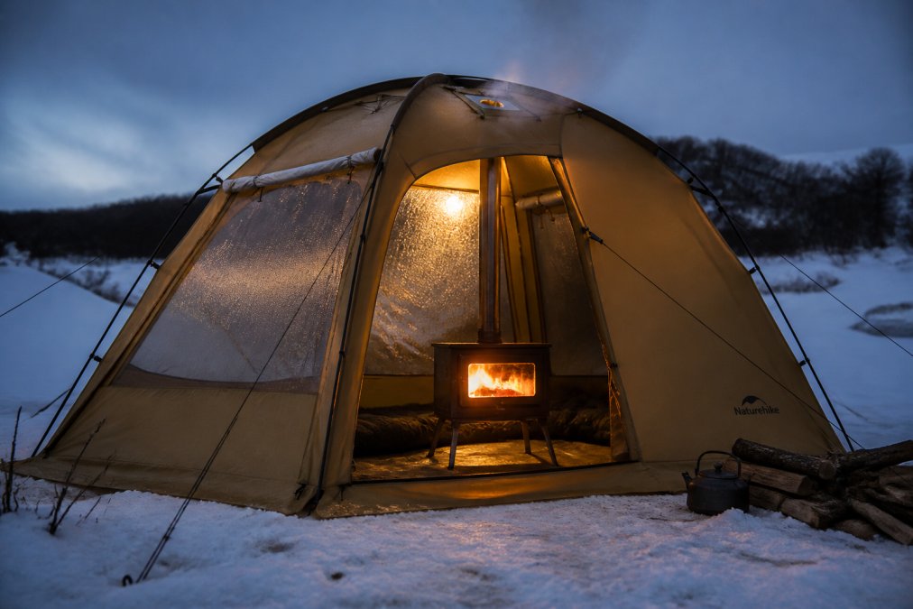 Outdoor winter camping scene with a lit wood stove inside a canvas tent at dusk, showing visible heat shimmer, smoke rising from the chimney, and condensation forming on the tent interior