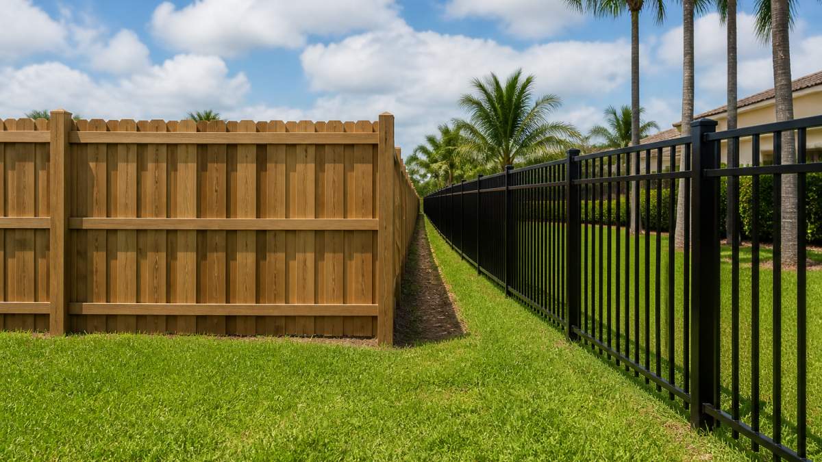 Infographic comparing a residential wood vs metal fence in a sunny yard to highlight key design differences.