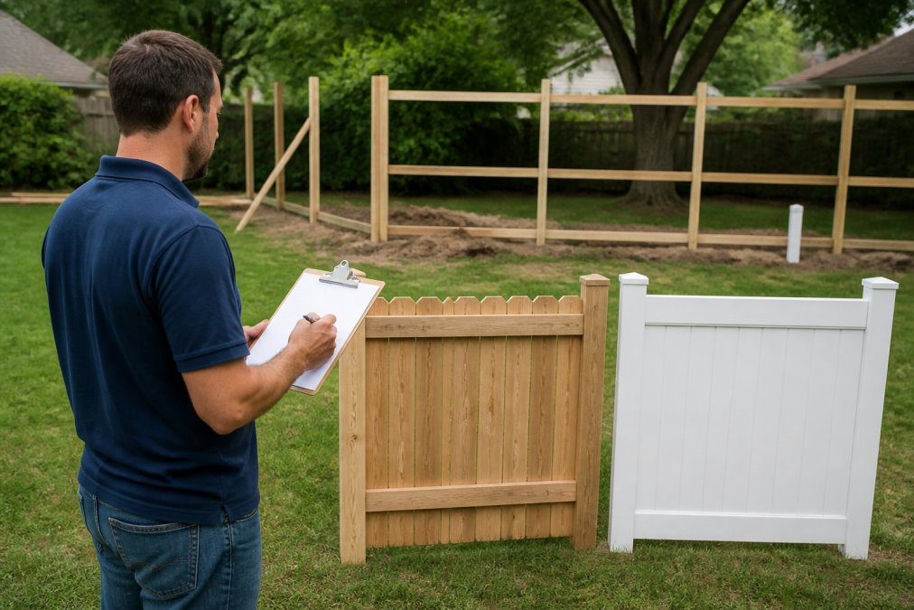 A homeowner standing in a backyard comparing two fence samples, one wood and one vinyl, holding a clipboard with cost notes, with a partially installed fence visible in the background