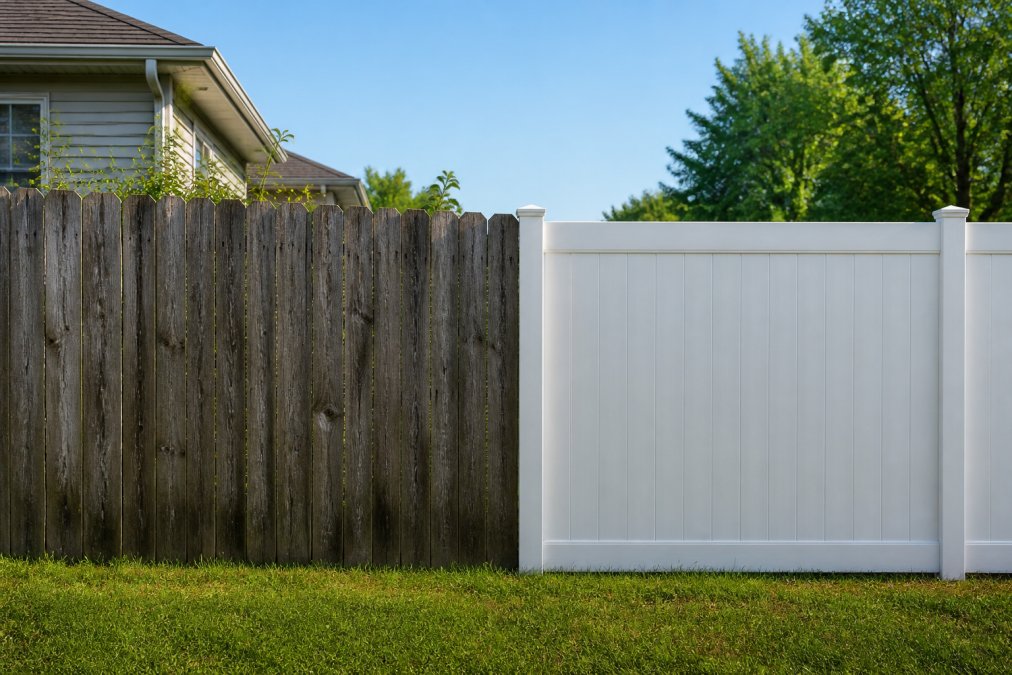 Comparison table showing wood vs vinyl fencing with a weathered cedar fence beside a clean white vinyl model.
