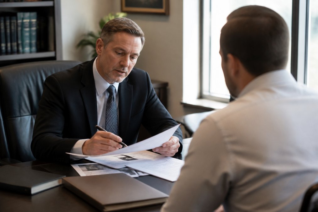Professional attorney in business suit sitting across desk from client, reviewing injury case documents and medical records with focused attention in modern law office with natural window lighting