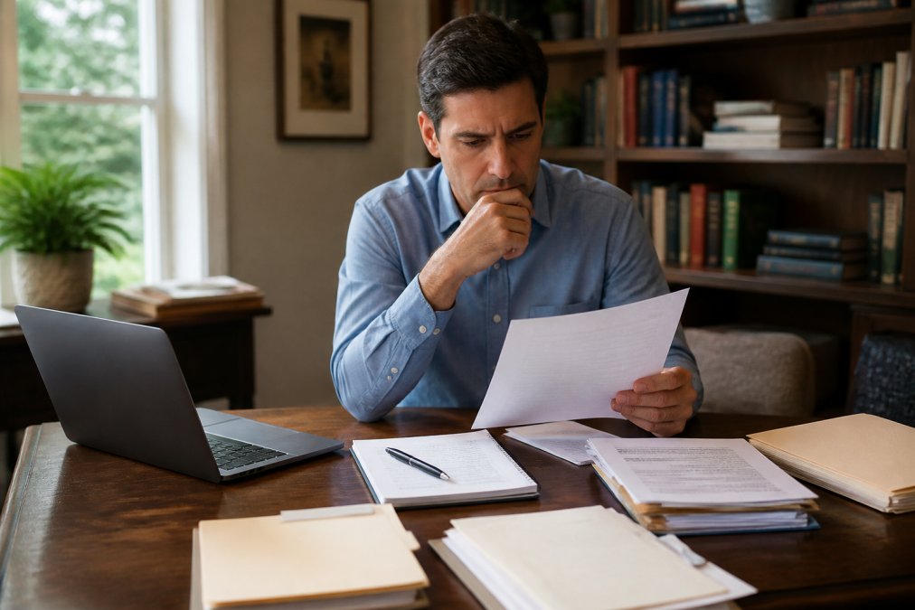 Person sitting at home at wooden desk with laptop, reviewing legal documents and case files with notepad and pen, appearing focused and thoughtful in natural afternoon lighting