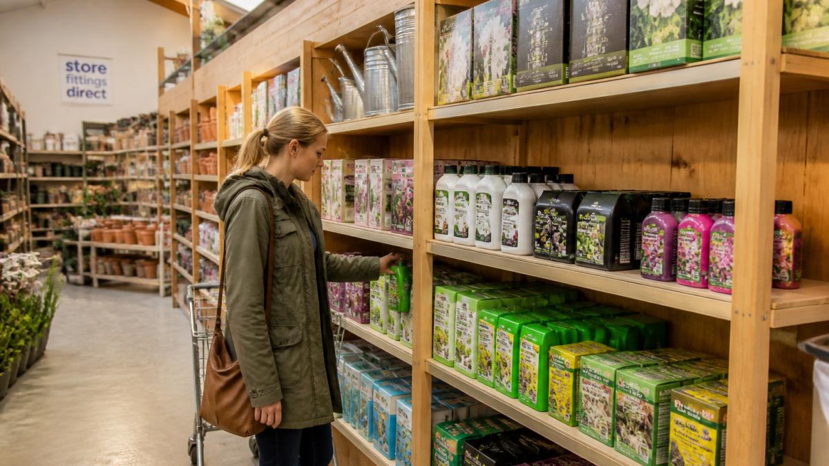 Shopper browsing a garden centre aisle with wooden-backed shelving stocked with various products