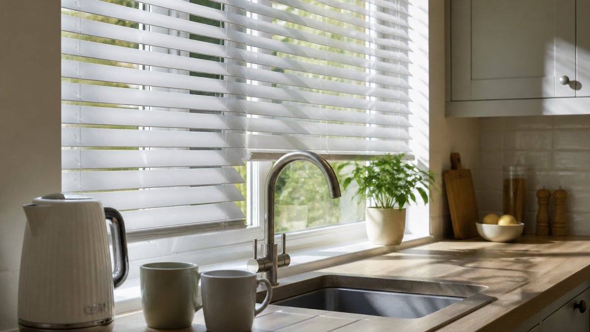 A bright kitchen with white faux wood Venetian blinds partially tilted open above a sink, morning daylight falling across a worktop with a kettle and mugs
