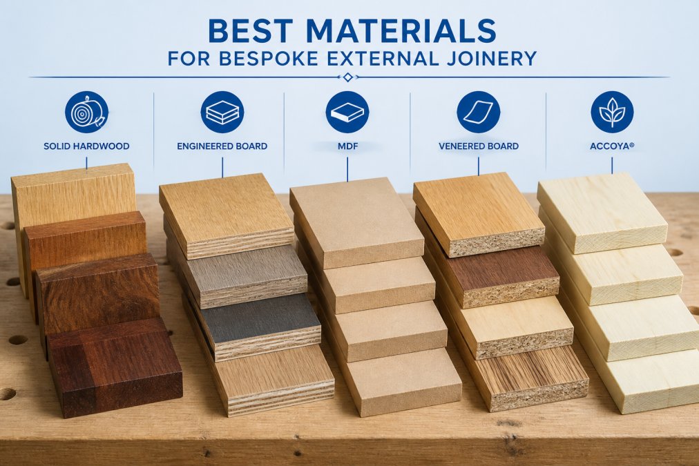 Close-up of various timber samples and engineered boards arranged on a workbench, showing different wood grains, finishes, and surface textures including Accoya, MDF, veneered boards, and solid hardwoods under natural workshop lighting