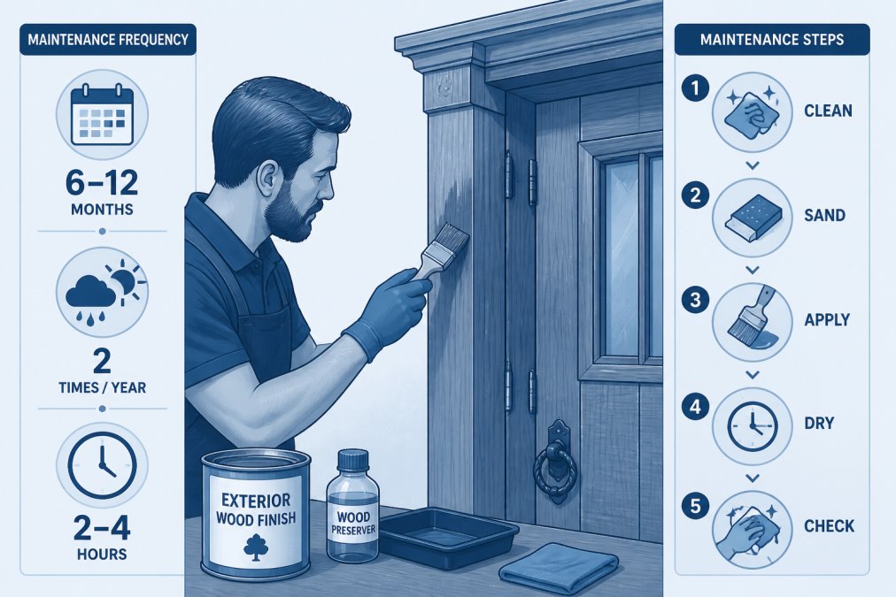 Skilled craftsperson applying protective finish or maintenance treatment to a wooden external door frame, showing real maintenance work in progress with brushes, finish products, and the timber detail clearly visible under workshop lighting
