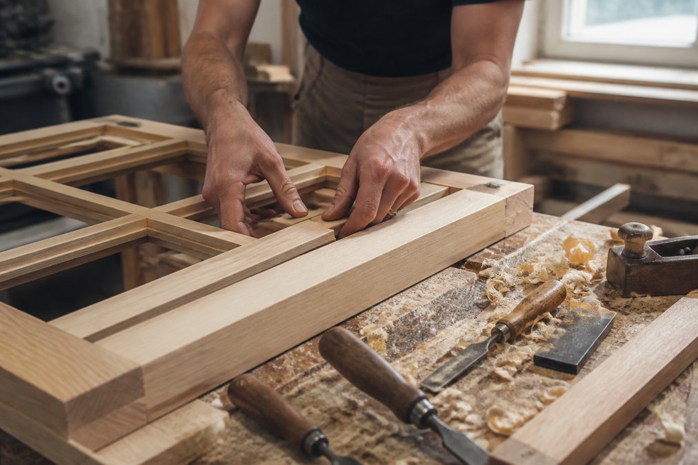 Close-up of a craftsman's hands fitting a traditional timber sash window frame in a bright workshop, with wood shavings and hand tools visible on the bench