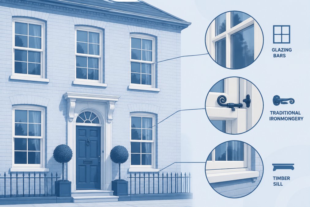 Exterior view of a period brick home with freshly installed bespoke timber sash windows painted in a classic off-white, showing clean glazing bars and traditional ironmongery