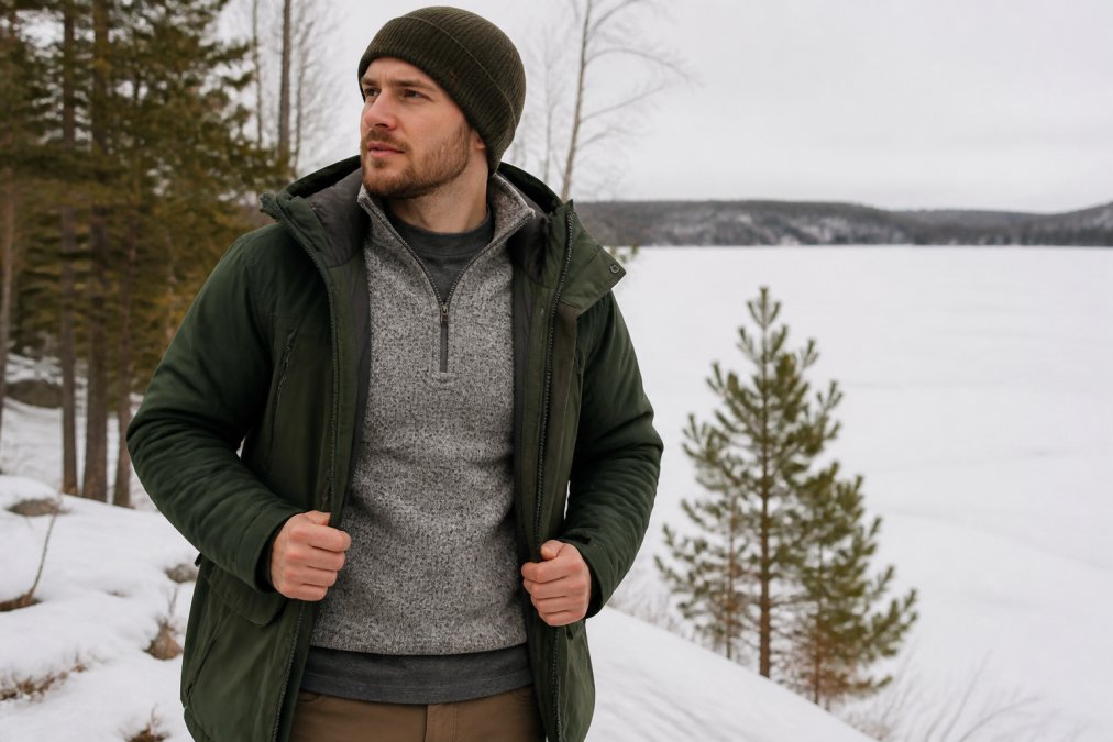 Person wearing complete winter layering system outdoors in snowy Michigan landscape, showing visible base layer, mid-layer sweater, and outer insulated jacket with winter trees and frozen lake in background