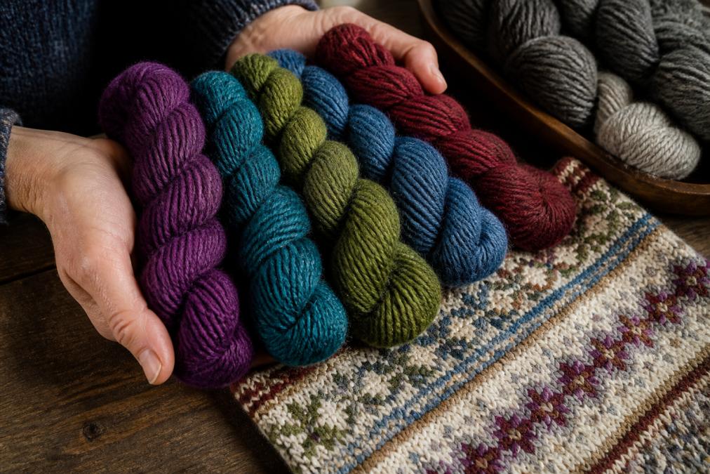 Close-up of hands holding different weights of natural wool yarn skeins in rich jewel tones, displayed on a wooden surface with a knitted Fair Isle swatch nearby