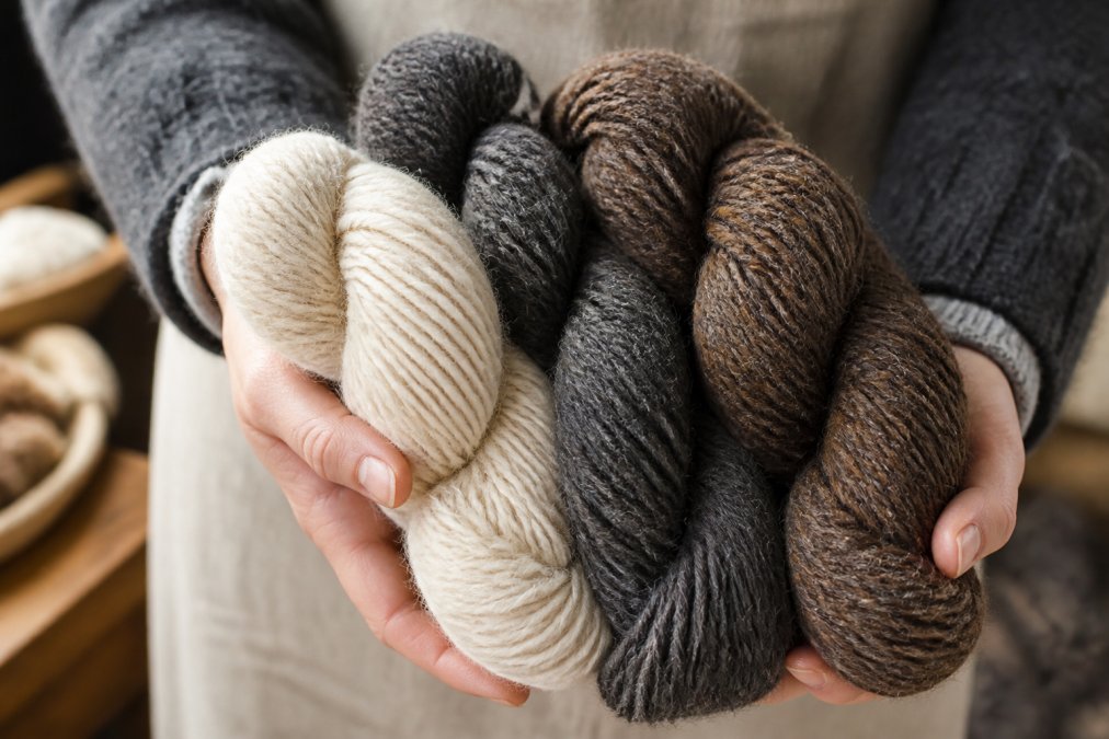 Close-up of hands holding multiple skeins of natural Shetland wool in undyed cream, charcoal, and traditional brown shades, showing the crimp and texture of the fiber in natural window lighting