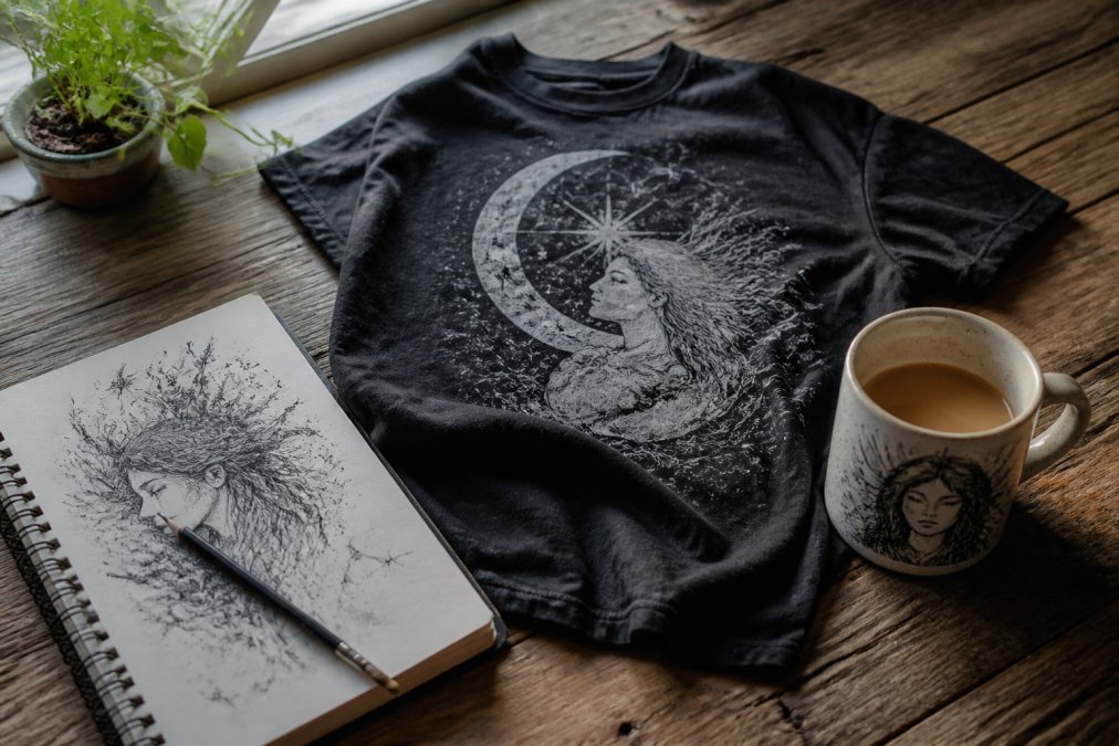 A flat-lay of a graphic tee and a ceramic art mug on a wooden table in natural window light, with a sketchbook and pencil nearby, showing hand-drawn designs and a small-batch apparel feel
