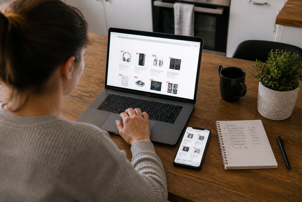 A person sitting at a kitchen table with a laptop open to a daily deals website, a smartphone showing a shopping app, and a notepad with a handwritten budget list nearby