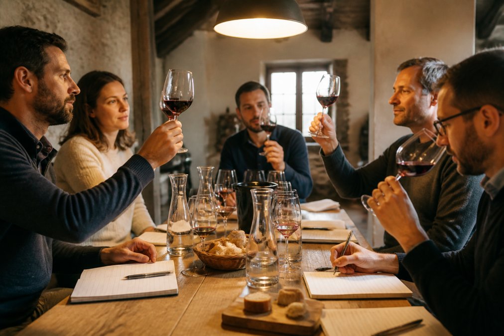 Eine Gruppe von Erwachsenen bei einer Weinprobe an einem Holztisch, Gläser mit Rotwein werden gegen das Licht gehalten, Notizzettel und Brotstücke liegen bereit, warmes Licht von einer Deckenlampe