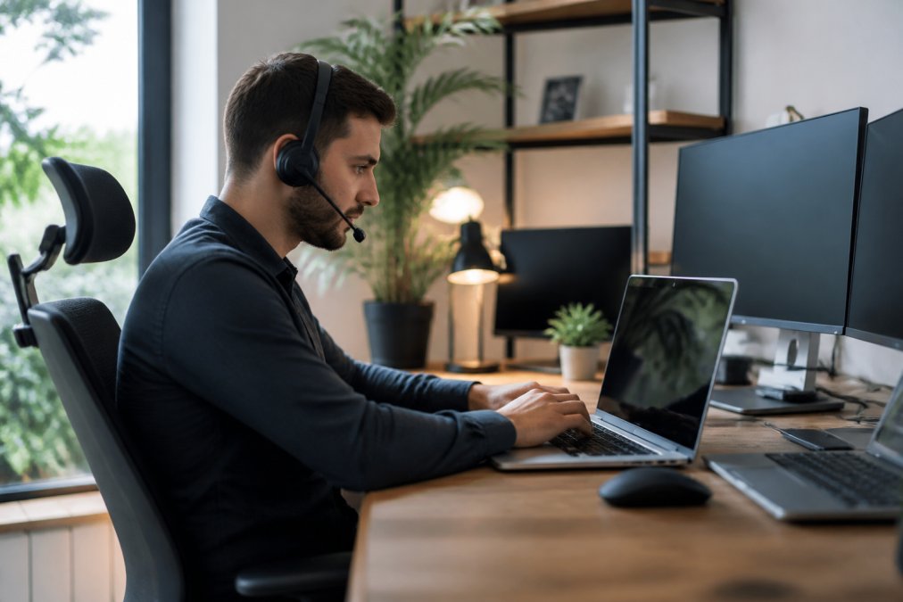 Person mit Kopfhörern im modernen Homeoffice beim Support-Chat, worauf achten bei günstigem WordPress Hosting