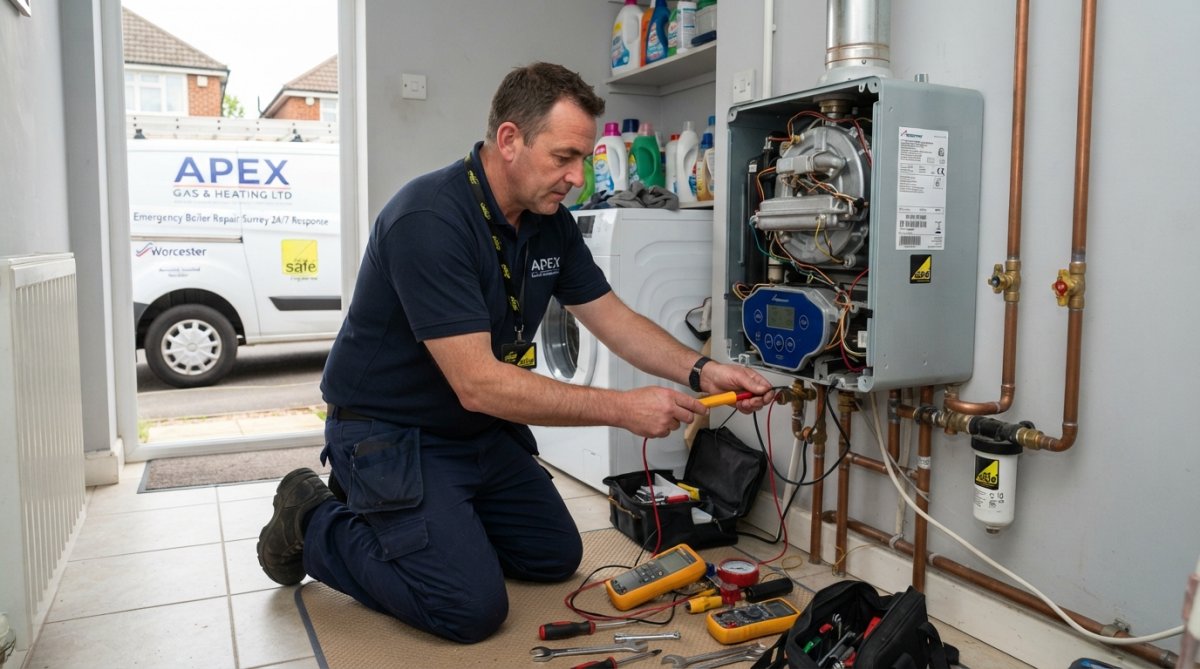 Gas Safe registered heating engineer in uniform inspecting a Worcester boiler in a residential kitchen with diagnostic tools and equipment visible