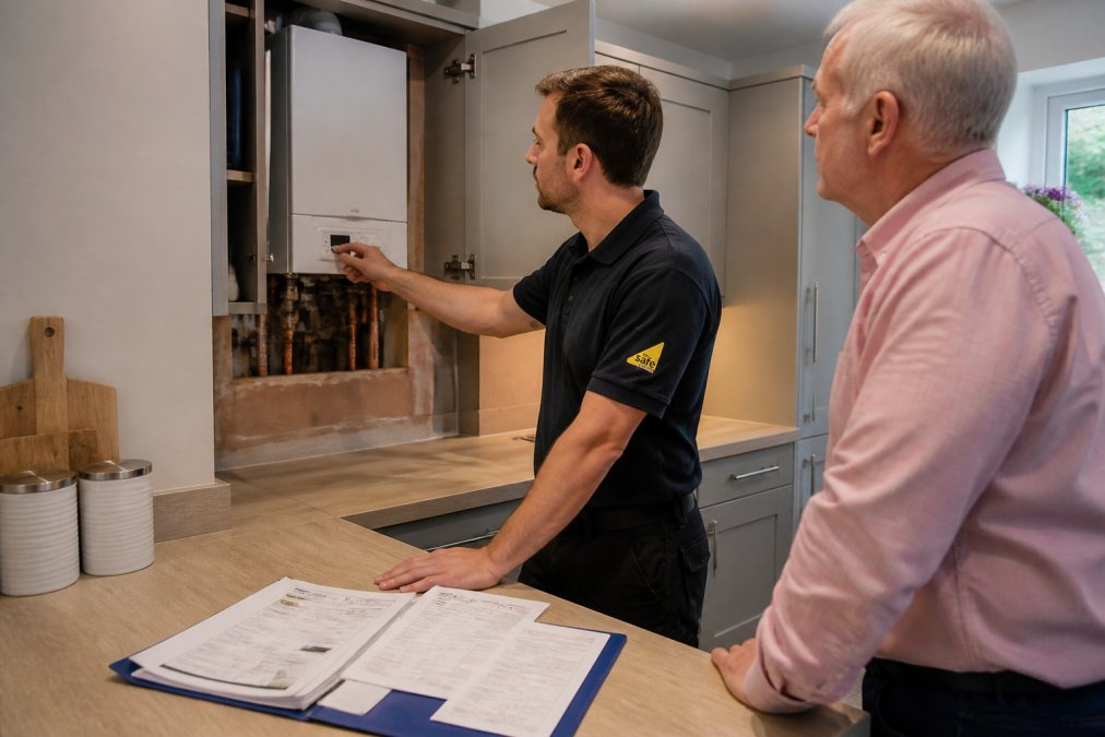Professional Gas Safe registered engineer in uniform installing a new boiler in a modern kitchen, with safety certificates and documentation visible on the work surface