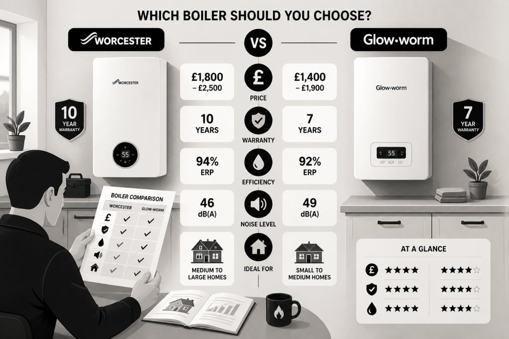 Homeowner reviewing boiler documentation and comparing two boiler units side by side in a bright utility room