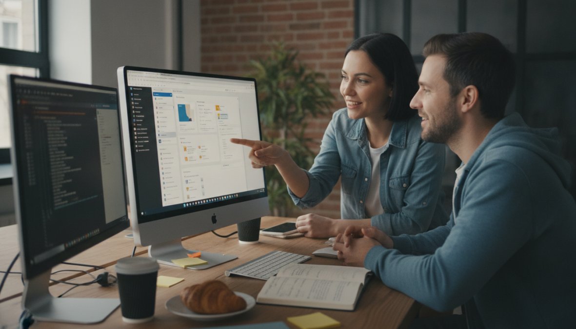 Zwei Webentwickler sitzen nebeneinander vor einem großen Monitor mit einer modernen CMS-Oberfläche, zeigen auf den Bildschirm und diskutieren in einem hellen Open-Space-Büro mit Tageslicht