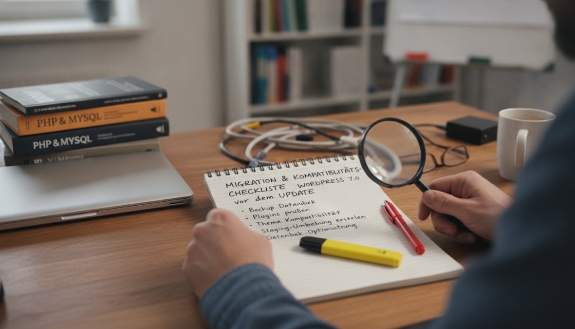 Ein Web-Administrator sitzt an einem aufgeräumten Schreibtisch und überprüft eine ausgedruckte Checkliste neben einem Laptop mit geöffnetem WordPress-Dashboard, eine Kaffeetasse steht daneben, konzentrierte und methodische Arbeitsatmosphäre