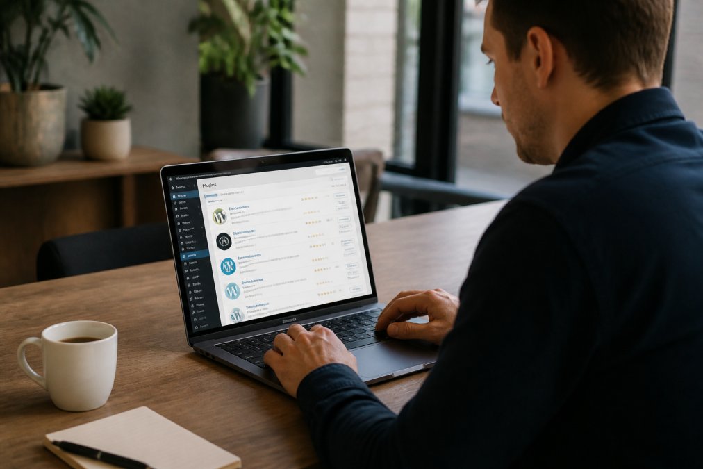 Iemand zit aan een bureau achter een laptop met WordPress admin dashboard zichtbaar op het scherm, terwijl hij een backup plugin zoekt en installeert in het pluginmenu
