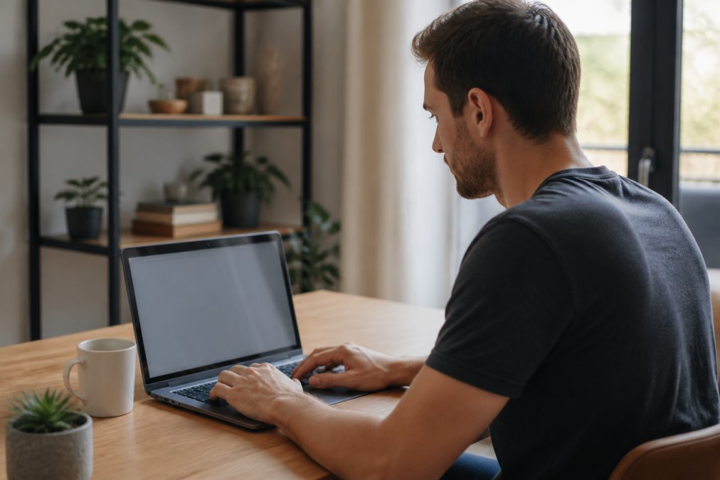 Website eigenaar zit aan een bureau met een laptop, concentreert zich op het herstellen van een WordPress site door een backup-bestand in te laden
