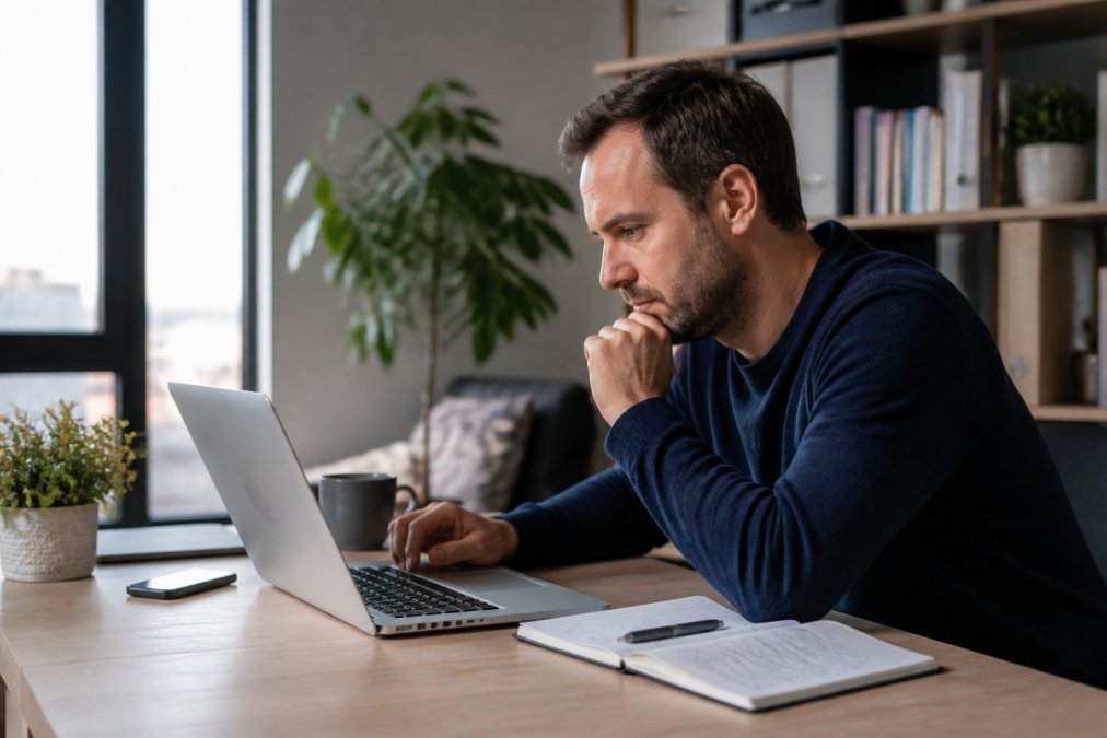 WordPress backups automatisch instellen: stap voor stap Webmaster concentreert zich op herstelproces op laptop scherm, notities op bureau, kantoor met natuurlijk licht