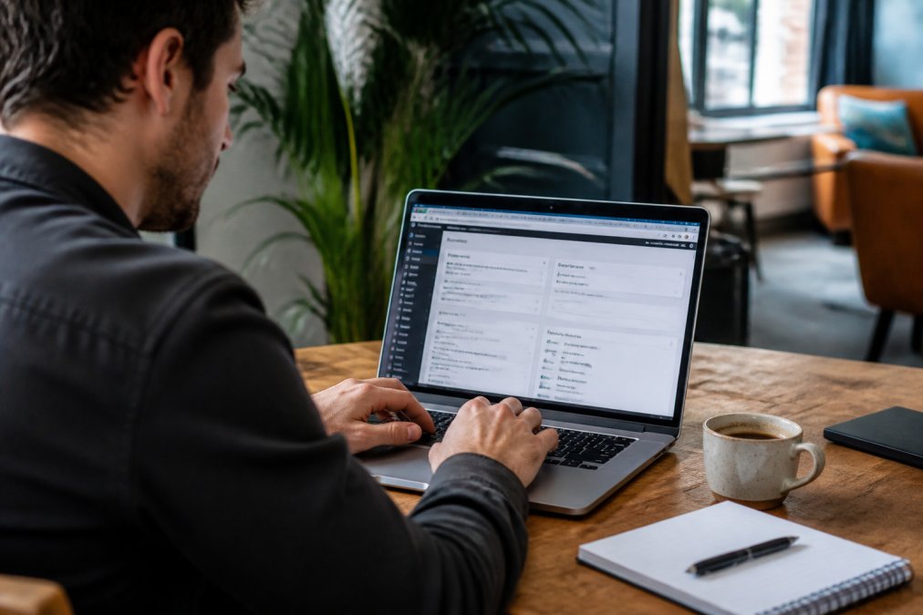 Handen die op een laptop typen met het WordPress dashboard zichtbaar op het scherm, werkplek met koffie en notitieboekje