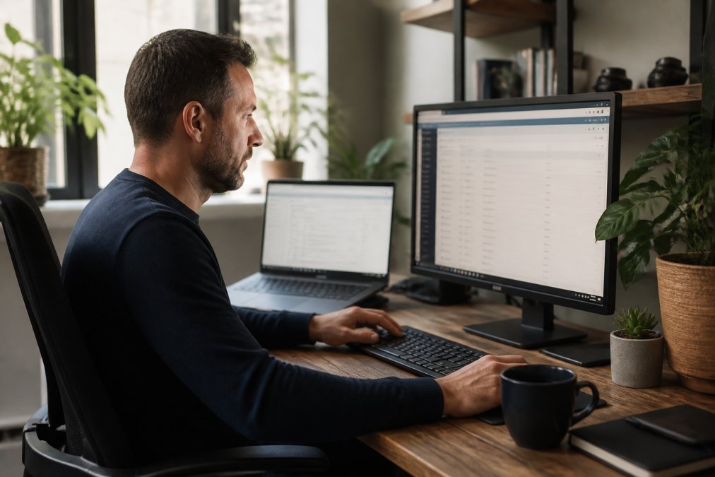 Webmaster aan een bureau met meerdere monitoren, gericht op database-optimalisatie werk met koffie op het bureau en een hand op het toetsenbord klaar om een back-up te starten