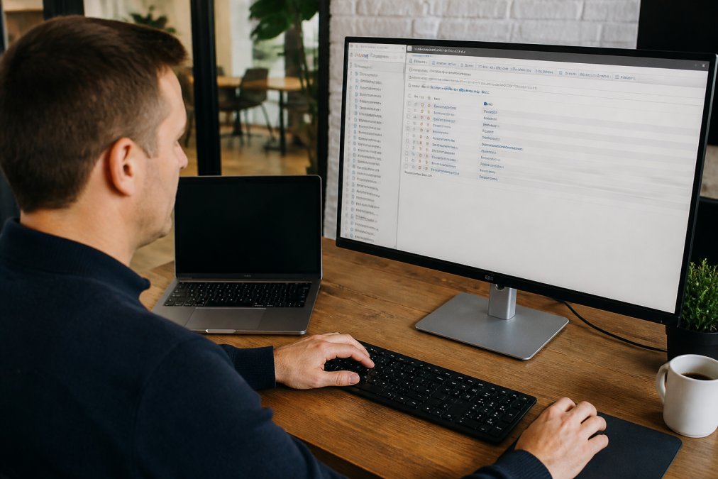 Close-up van een computerscherm met phpMyAdmin-interface open, met een hand op het toetsenbord klaar om database-optimalisatie uit te voeren in een moderne kantooromgeving