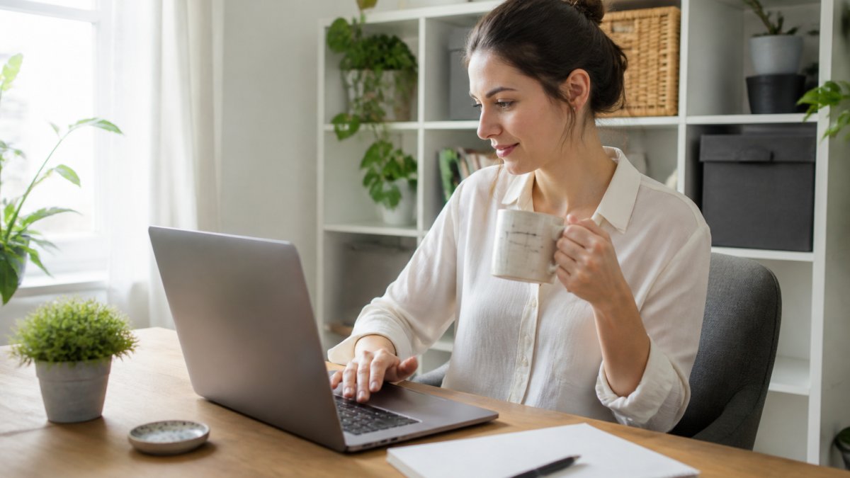 Entspannte Person mit Kaffee am Laptop bei der Arbeit an WordPress für Anfänger im hellen Homeoffice