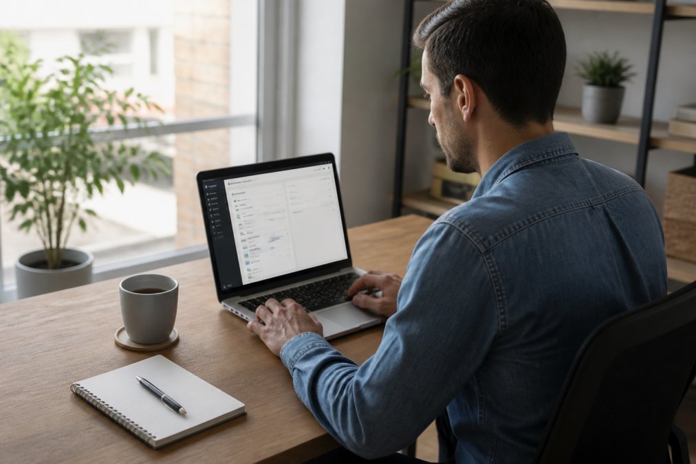 Freiberufler sitzt konzentriert an einem modernen Schreibtisch vor einem Laptop, auf dem das WordPress-Dashboard sichtbar ist, neben der Tastatur liegt ein Notizbuch und eine Tasse Kaffee, natürliches Licht fällt durch ein Fenster