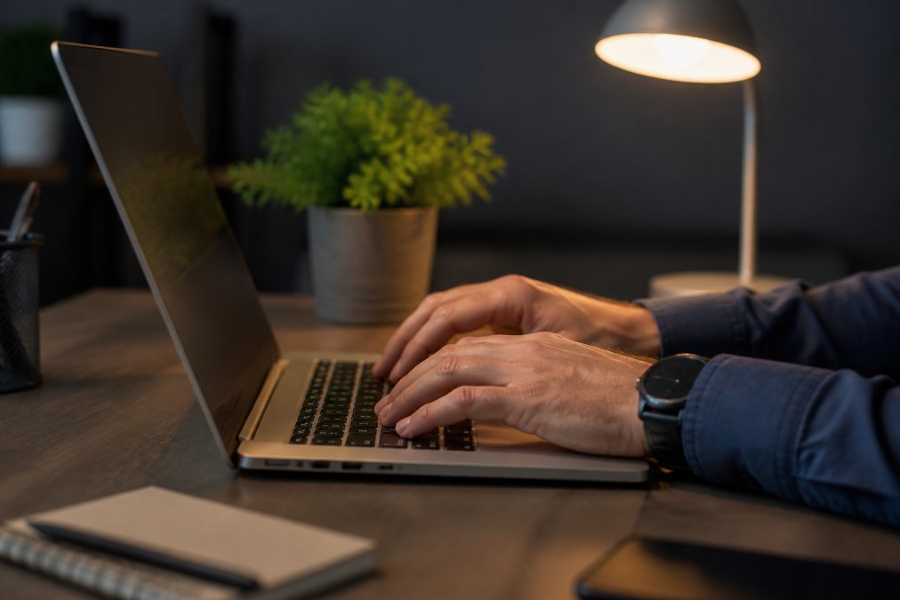 Nahaufnahme von Händen, die auf einer Tastatur tippen, während auf dem Bildschirm das WordPress-Dashboard mit DSGVO-Plugin-Einstellungen und Cookie-Banner-Konfiguration sichtbar ist, modernes Büro mit gedimmtem Licht