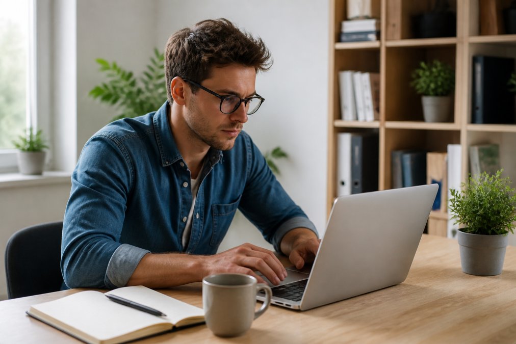 Junger Gründer sitzt an einem hellen Schreibtisch mit geöffnetem Laptop, auf dem ein Website-Backend zu sehen ist, daneben ein Notizbuch und eine Kaffeetasse, konzentrierter Blick, moderne Home-Office-Atmosphäre