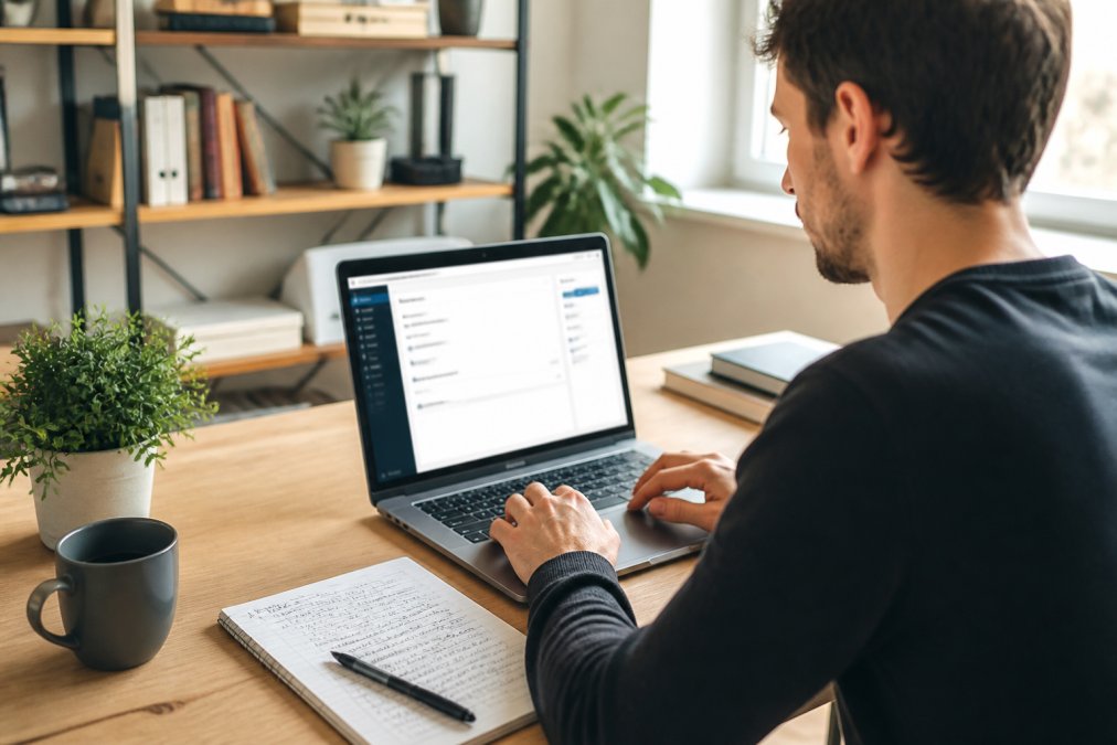 Junger Gründer sitzt an einem hellen Schreibtisch mit geöffnetem Laptop, auf dem ein Website-Backend zu sehen ist, daneben ein Notizbuch und eine Kaffeetasse, konzentrierter Blick, moderne Home-Office-Atmosphäre