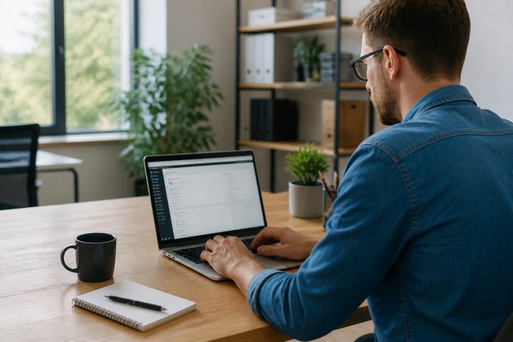 Person arbeitet an einem Laptop mit WordPress-Dashboard sichtbar, modernes Büro mit natürlicher Beleuchtung, Kaffeetasse und Notizbuch auf dem Schreibtisch
