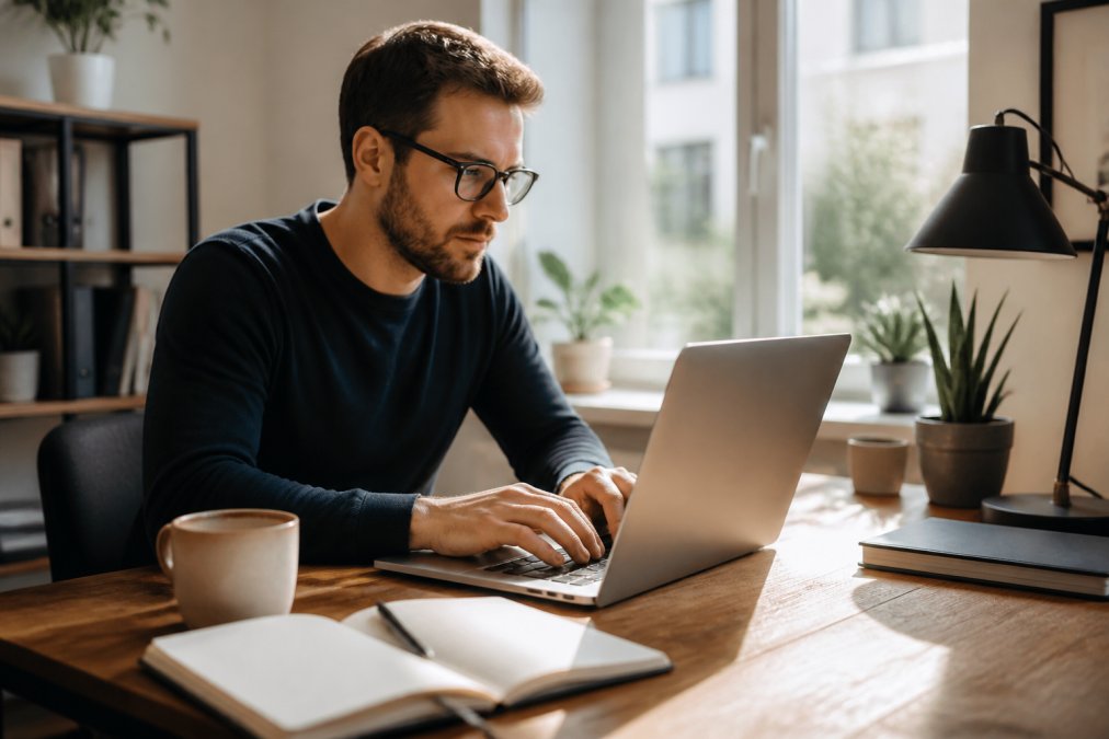 Freelancer arbeitet konzentriert am Laptop, öffnet WordPress-Dashboard auf dem Monitor, mit Kaffee und Notizbuch auf dem Schreibtisch, helles Büro-Ambiente mit natürlichem Licht