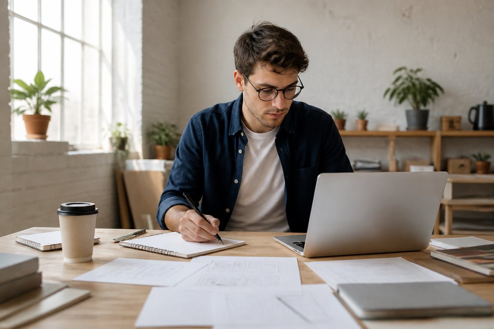 Junger Gründer arbeitet konzentriert an seinem Laptop, umgeben von Startup-Materialien und einer modernen, hellen Arbeitsumgebung, natürliches Licht und minimalistisches Design