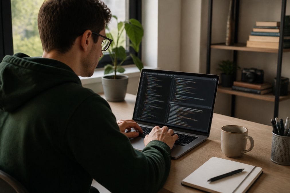 Informatik-Student öffnet Terminal und deployed WordPress-Änderungen über Git-Push auf den Server, dunkler Bildschirm mit Code-Editor und Terminal-Fenster