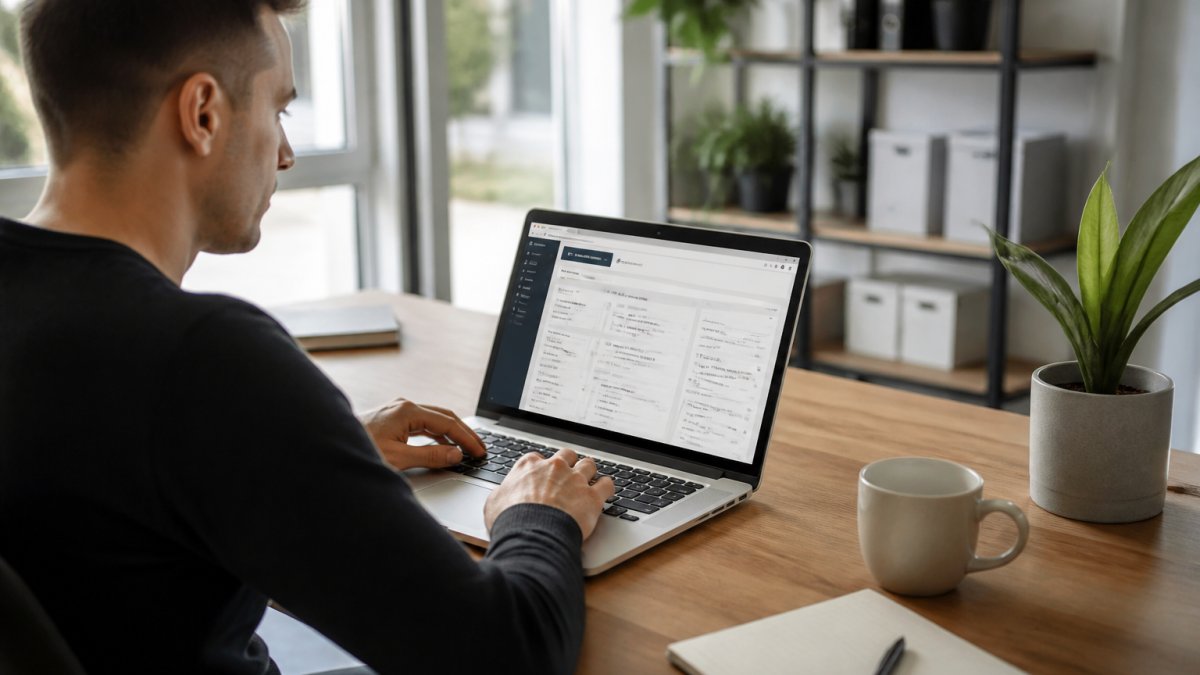 Person sitzt an einem Schreibtisch vor einem Laptop und richtet eine WordPress-Website ein; auf dem Monitor ist ein WordPress-Dashboard mit Plesk-Kontrollpanel sichtbar, im Hintergrund eine helle, moderne Büroumgebung