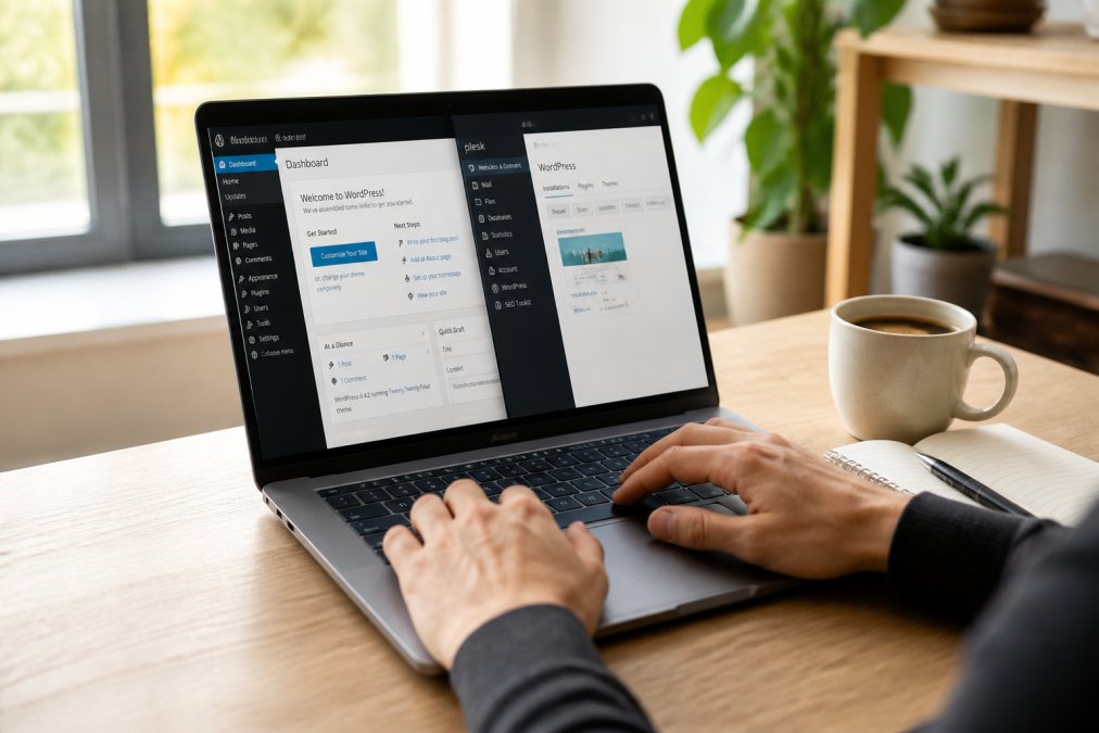 Hände bedienen eine Tastatur an einem Laptop-Bildschirm, auf dem ein WordPress-Dashboard und Hosting-Kontrollpanel sichtbar sind, mit einer Tasse Kaffee und Notizblock auf einem hellen Schreibtisch